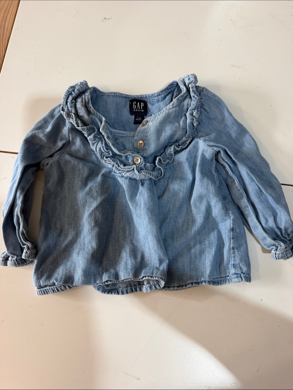 GAP Light Blue Denim Ruffle-Trim Long Sleeve Top
